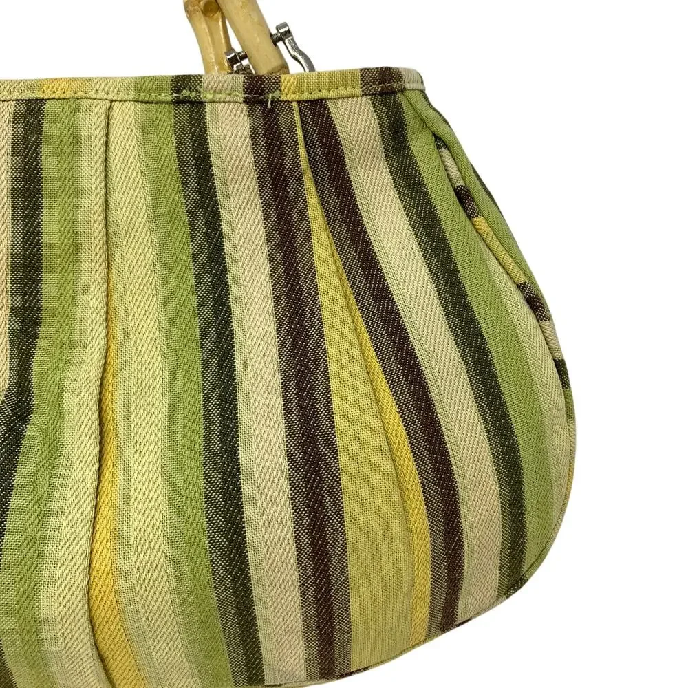 Vintage Bamboo Handle Striped Canvas Handbag Green Yellow Brown Resort Boho Tote